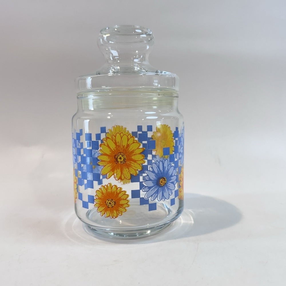 Clear Glass Canister Jar w Airtight Lid Floral & Check Pattern Farmhouse Cottage
